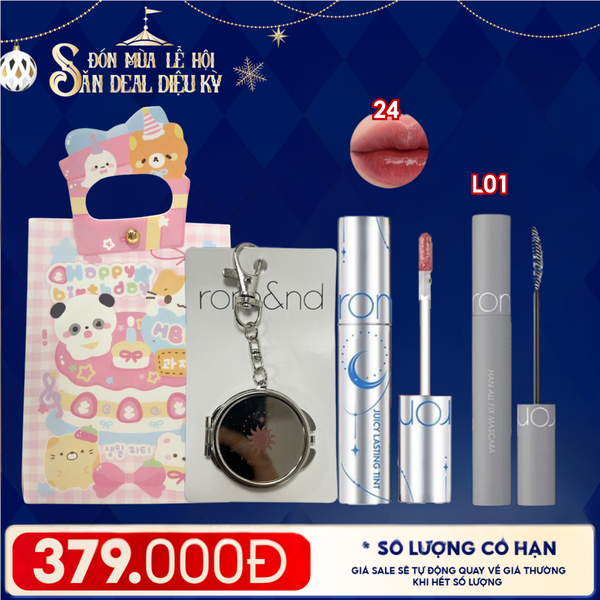  Combo Romand: Son Tint Lì Juicy Solunar Edition + Gương Móc Khóa Romand Solunar + Mascara Chuốt Mi L01 Long Black + Túi Quà 