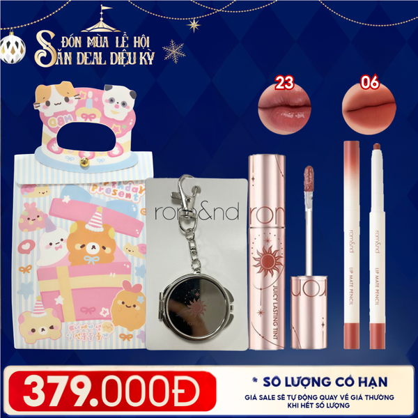  Combo Romand: Son Tint Lì Juicy Solunar Edition + Gương Móc Khóa Romand Solunar + Chì Kẻ Viền Môi Nhung Lì, Lâu Trôi, Thiết Kế 2 Đầu 06 Under Chili + Túi Quà 