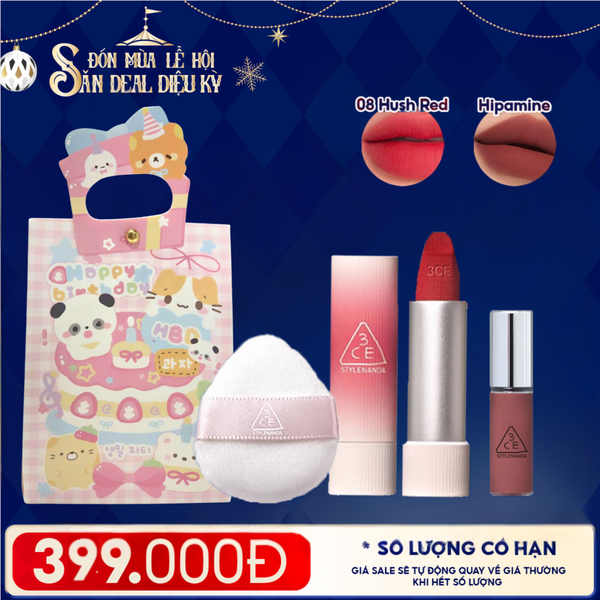  Combo Quà Tặng: Túi Quà + Son Thỏi Mịn Lì, Mềm Môi 3CE 08 Hush Red + Mút Trang Điểm 3CE + Son Kem Lì Mini 3CE Hipamine 