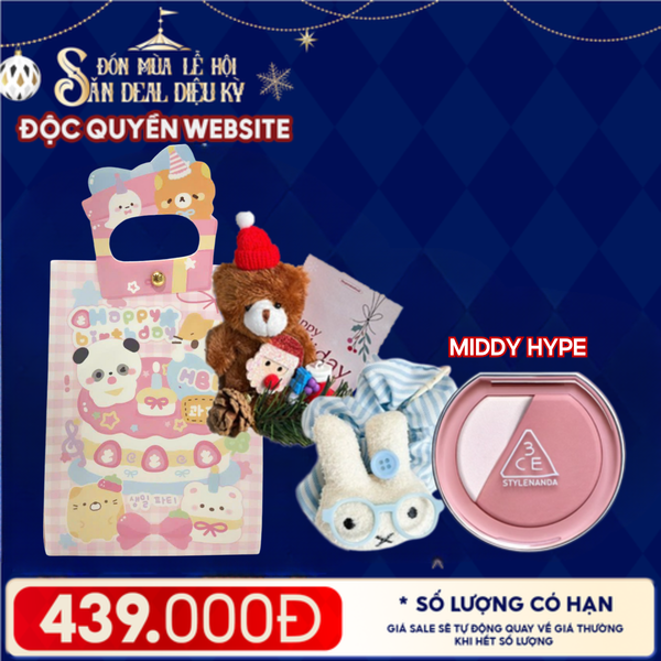  Túi Quà Giáng Sinh: Má Hồng 3CE + Kẹp Tóc Ngẫu Nhiên + Set Quà Gấu + Túi Giấy Merzy Holiday 