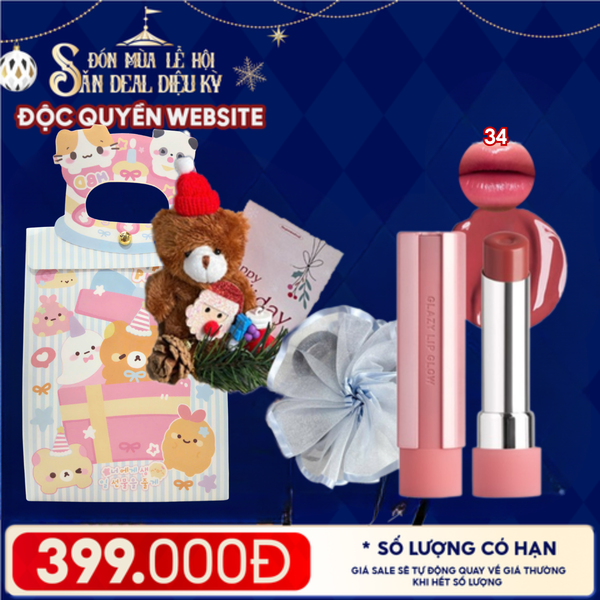  Túi Quà Giáng Sinh: Son 3CE + Kẹp Tóc Ngẫu Nhiên + Set Quà Gấu + Túi Giấy Merzy Holiday 