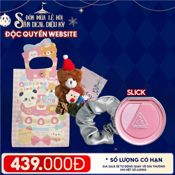  Túi Quà Giáng Sinh: Má Hồng 3CE + Kẹp Tóc Ngẫu Nhiên + Set Quà Gấu + Túi Giấy Merzy Holiday 