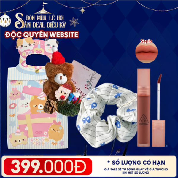 Túi Quà Giáng Sinh: Son 3CE + Kẹp Tóc Ngẫu Nhiên + Set Quà Gấu + Túi Giấy Merzy Holiday 