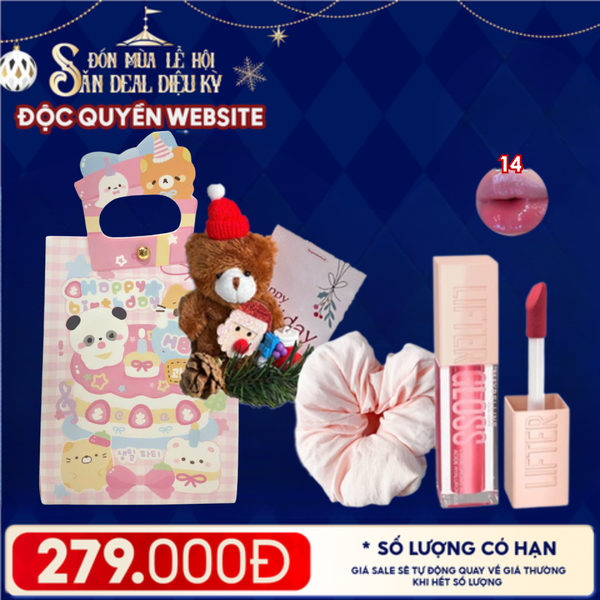  Túi Quà Giáng Sinh: Son Maybelline + Kẹp Tóc Ngẫu Nhiên + Set Quà Gấu + Túi Giấy Merzy Holiday 