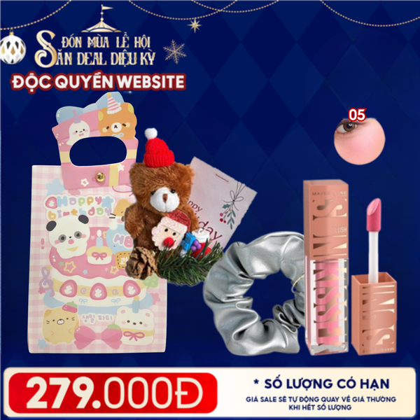  Túi Quà Giáng Sinh: Son Maybelline + Kẹp Tóc Ngẫu Nhiên + Set Quà Gấu + Túi Giấy Merzy Holiday 