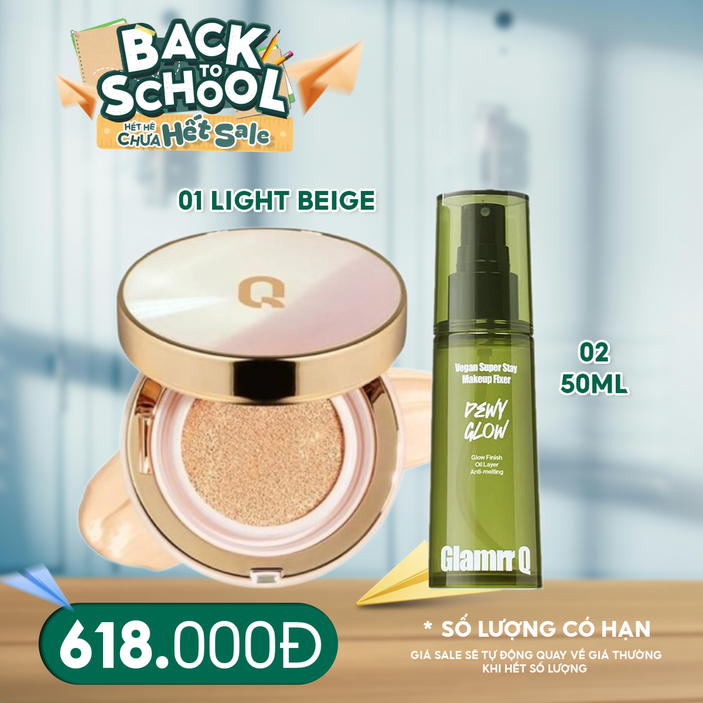 Combo 2 Sản Phẩm Glamrr Q: Phấn Nước Kiềm Dầu Long Wear DD Cushion SPF50/PA+++ 13g + Xịt Khóa Nền Thuần Chay Vegan Super Makeup Fixer 50g