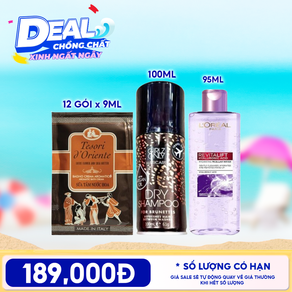 Combo Travel: Dây 12 Gói Sữa Tắm Tesori d'Oriente Aromatic Bath Cream + Dầu Gội Khô Girlz Only Dry Shampoo + Nước Tẩy Trang L'oreal Revitalift Hyaluronic Acid Hydrating Micellar Water