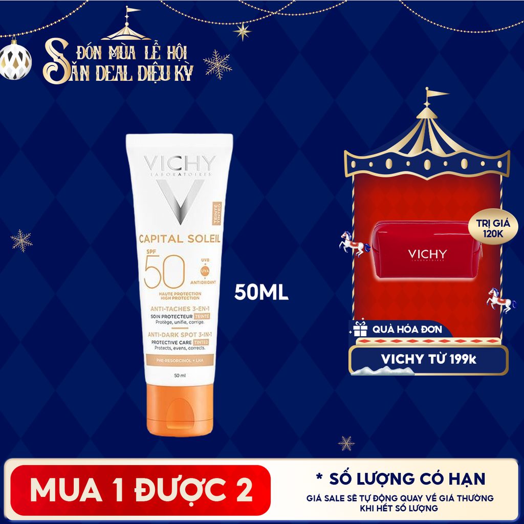 Kem Chống Nắng Vichy Hỗ Trợ Giảm Sạm Da, Giảm Thâm Nám Capital Soleil Anti-Dark Spot 3-In-1 SPF50+ 50ml