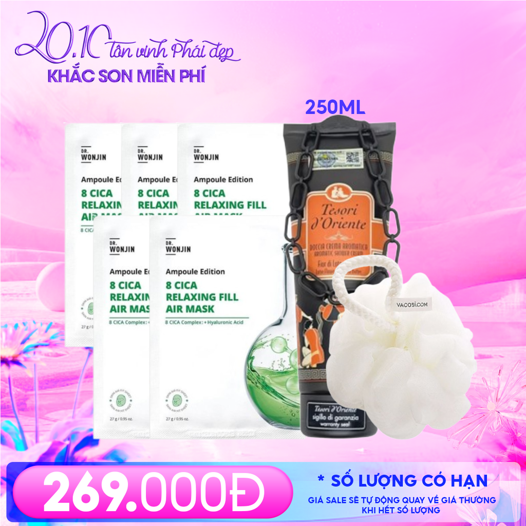 Combo 20/10 - Chăm Da Mềm Mịn: (Mặt Nạ Dr.Wonjin Hỗ Trợ Phục Hồi Da (5 miếng) + Sữa Tắm Tesori d'Oriente #Lotus Flower And Shea Butter - tuýp 250ml + Bông Tắm Tạo Bọt Vacosi)