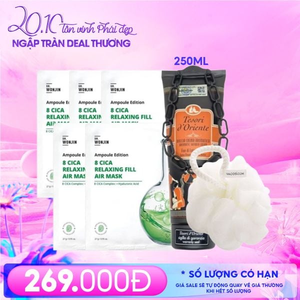  Combo 20/10 - Chăm Da Mềm Mịn: (Mặt Nạ Dr.Wonjin Hỗ Trợ Phục Hồi Da (5 miếng) + Sữa Tắm Tesori d'Oriente #Lotus Flower And Shea Butter - tuýp 250ml + Bông Tắm Tạo Bọt Vacosi) 