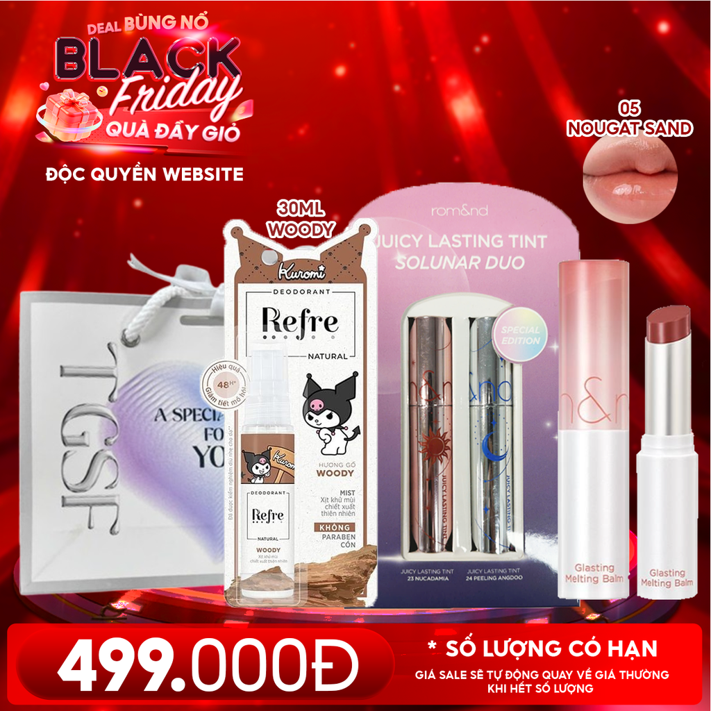 Combo Quà Tặng 20/11: Son Tint Lì Romand Juicy Solunar Edition + Son Dưỡng Có Màu Romand Glasting Melting Balm + Xịt Khử Mùi Refre 30ml + Túi Quà