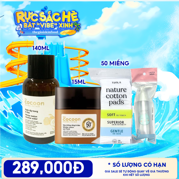 Combo Travel: Nước Tẩy Trang Cocoon Winter Melon Micellar Water + Sữa Chống Nắng Thuần Chay Cocoon Winter Melon Sun Fluid Broad-Spectrum + Bông Tẩy Trang Mềm Mịn TOOLA + Chai Nhựa Chiết Mỹ Phẩm Tiện Lợi LMLTOP 