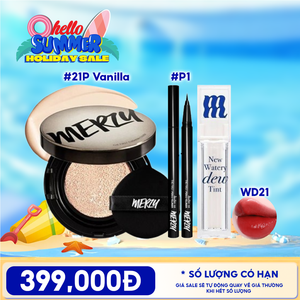 Combo Merzy: Phấn Nước Merzy The First Cushion Cover SPF50 + Son Tint Bóng Merzy New Watery Dew Tint + Bút Kẻ Mắt Nước Merzy Chống Trôi The First Pen Eyeliner