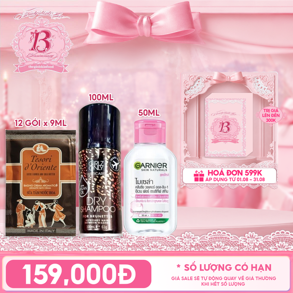  Combo Travel: Dây 12 Gói Sữa Tắm Tesori d'Oriente Aromatic Bath Cream + Dầu Gội Khô Girlz Only Dry Shampoo + Nước Tẩy Trang Garnier Làm Sạch Sâu Micellar Cleansing Water 