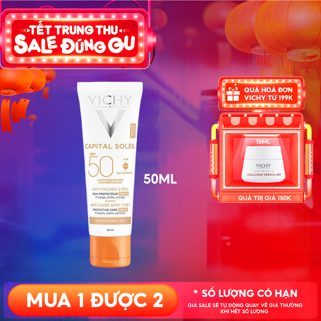 Kem Chống Nắng Vichy Hỗ Trợ Giảm Sạm Da, Giảm Thâm Nám Capital Soleil Anti-Dark Spot 3-In-1 SPF50+ 50ml
