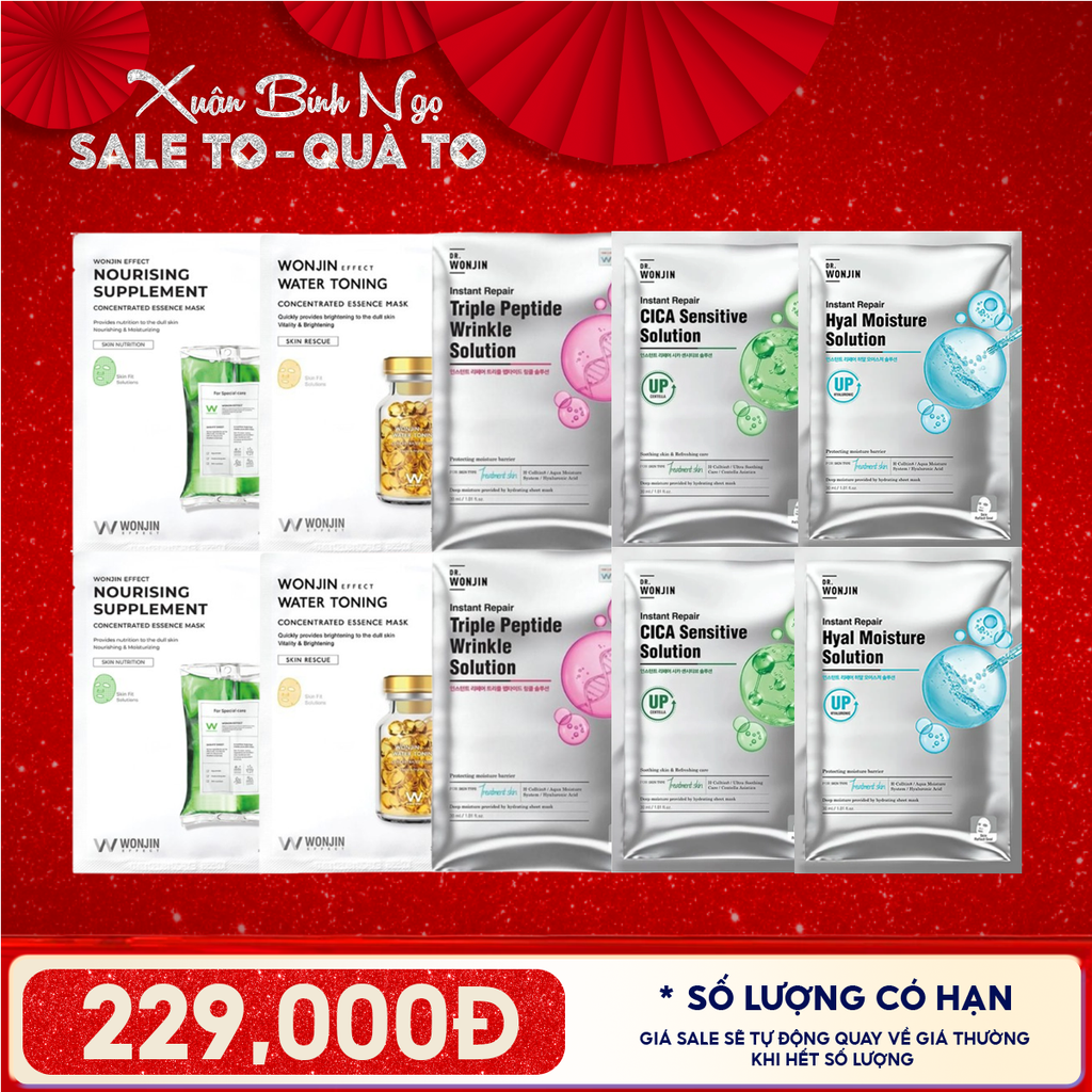 Combo Wonjin 10 Mask: Mặt Nạ Cấp Ẩm Dưỡng Sáng Effect Concentrated Essence + Mặt Nạ Tăng Sinh Collagen Phục Hồi Instant Repair Solution