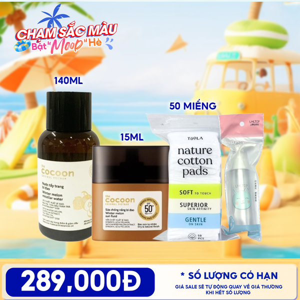  Combo Travel: Nước Tẩy Trang Cocoon Winter Melon Micellar Water + Sữa Chống Nắng Thuần Chay Cocoon Winter Melon Sun Fluid Broad-Spectrum + Bông Tẩy Trang Mềm Mịn TOOLA + Chai Nhựa Chiết Mỹ Phẩm Tiện Lợi LMLTOP 