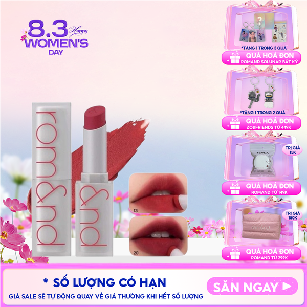  Son Thỏi Lì, Lên Màu Siêu Xinh Romand Zero Matte Lipstick 3g 