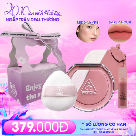 Combo Quà Tặng 20/10: Túi Quà + Phấn Má Hồng Bắt Sáng 3CE Blushlighter Middy Hype + Mút Trang Điểm 3CE + Son Kem Lì Mini 3CE Early Hour