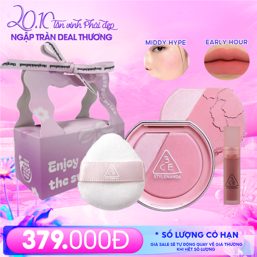 Combo Quà Tặng 20/10: Túi Quà + Phấn Má Hồng Bắt Sáng 3CE Blushlighter Middy Hype + Mút Trang Điểm 3CE + Son Kem Lì Mini 3CE Early Hour