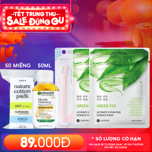  Set 5 Món Du Lịch Tiện Lợi: 2 Mặt Nạ Jkosmec Ngẫu Nhiên + 1 Nước Tẩy trang Garnier 50ml + 1 Bông Tẩy Trang TOOLA 50 miếng + 1 Phụ Kiện Ngẫu Nhiên 