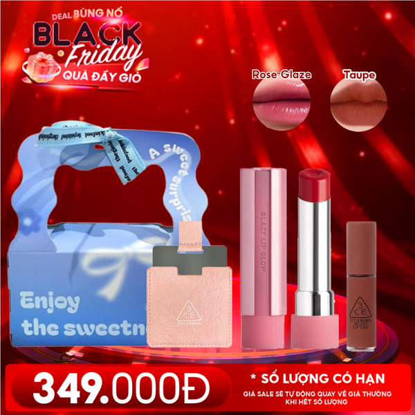  Combo Quà Tặng 20/11: Túi Quà + Son Bóng Dưỡng Môi Có Màu 3CE 34 Rose Glaze + Gương Vuông Nhỏ + Son Kem Lì Mini 3CE Taupe 