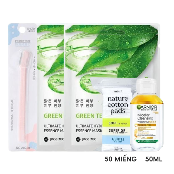  Set 5 Món Du Lịch Tiện Lợi: 2 Mặt Nạ Jkosmec Ngẫu Nhiên + 1 Nước Tẩy trang Garnier 50ml + 1 Bông Tẩy Trang TOOLA 50 miếng + 1 Phụ Kiện Ngẫu Nhiên 