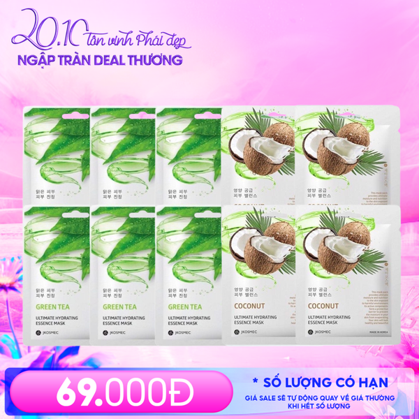  Combo Mặt Nạ Jkosmec 10 Miếng: Jkosmec Ultimate Hydrating Essence Mask Green Tea (6 miếng) + Coconut (4 miếng) 