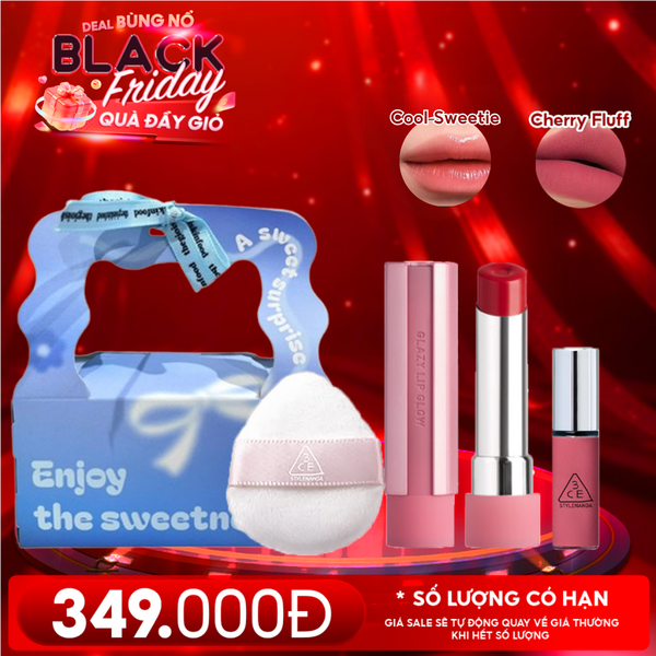  Combo Quà Tặng 20/11: Túi Quà + Son Bóng Dưỡng Môi Có Màu 3CE  33 Cool Sweetie + Mút Trang Điểm 3CE + Son Kem Lì Mini 3CE Cherry Fluff 