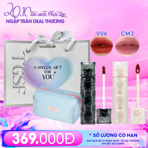 Combo Quà Tặng 20/10: Túi Đựng Make Up Merzy + Son Kem Lì Merzy 3.7g #V6 PUFFER + Son Kem Lì 3.7g #CM3+ Túi Quà Vừa #Trắng