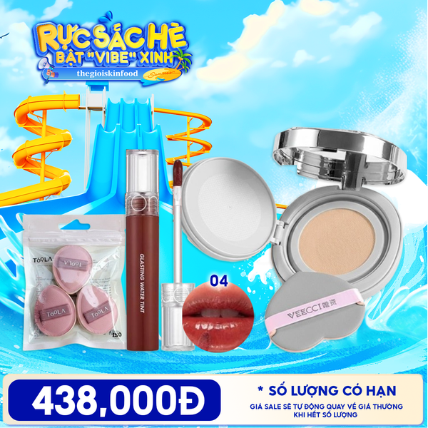  Combo Phấn Nước VEECCI Essence Lock Makeup Mesh Cushion Cream + Son Tint Nước Romand Glasting Water Tint + Bông Mút Trang Điểm Tán Nền Mềm Mịn TOOLA Makeup Puff 