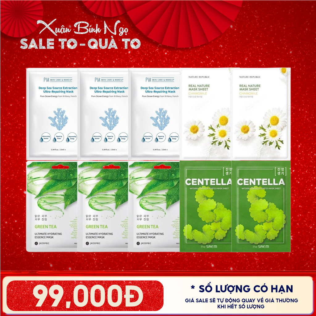Combo 10 Mask: Mặt Nạ PSK Phục Hồi + Mặt Nạ Jkosmec Trà Xanh + Mặt Nạ Nature Republic Hoa Cúc + Mặt Nạ The Saem Rau Má