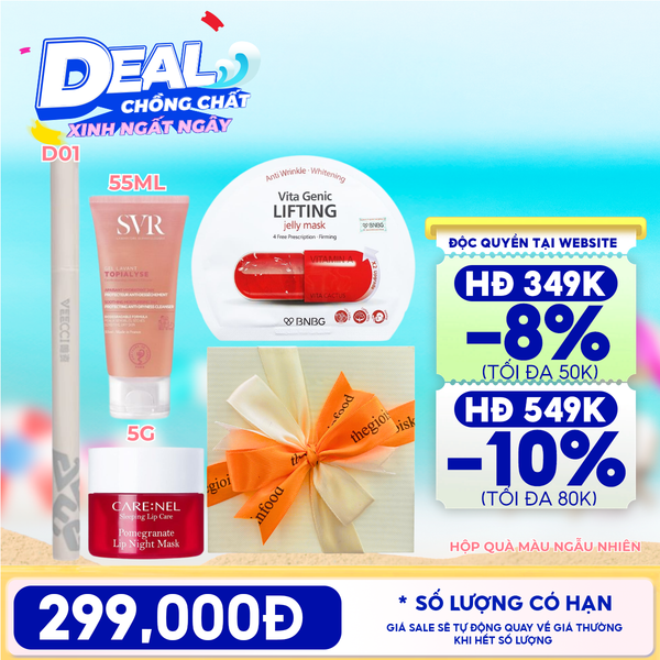  [HỘP QUÀ YÊU THƯƠNG] Sữa Rửa Mặt SVR Topialyse Gel Lavant + Mặt Nạ Ngủ Môi Carenel Lip Night Mask + Mặt Nạ Miếng BNBG + Bút Kẻ Mắt VEECCI Vivid Color Eyeliner Pen + Hộp Quà Ngẫu Nhiên 