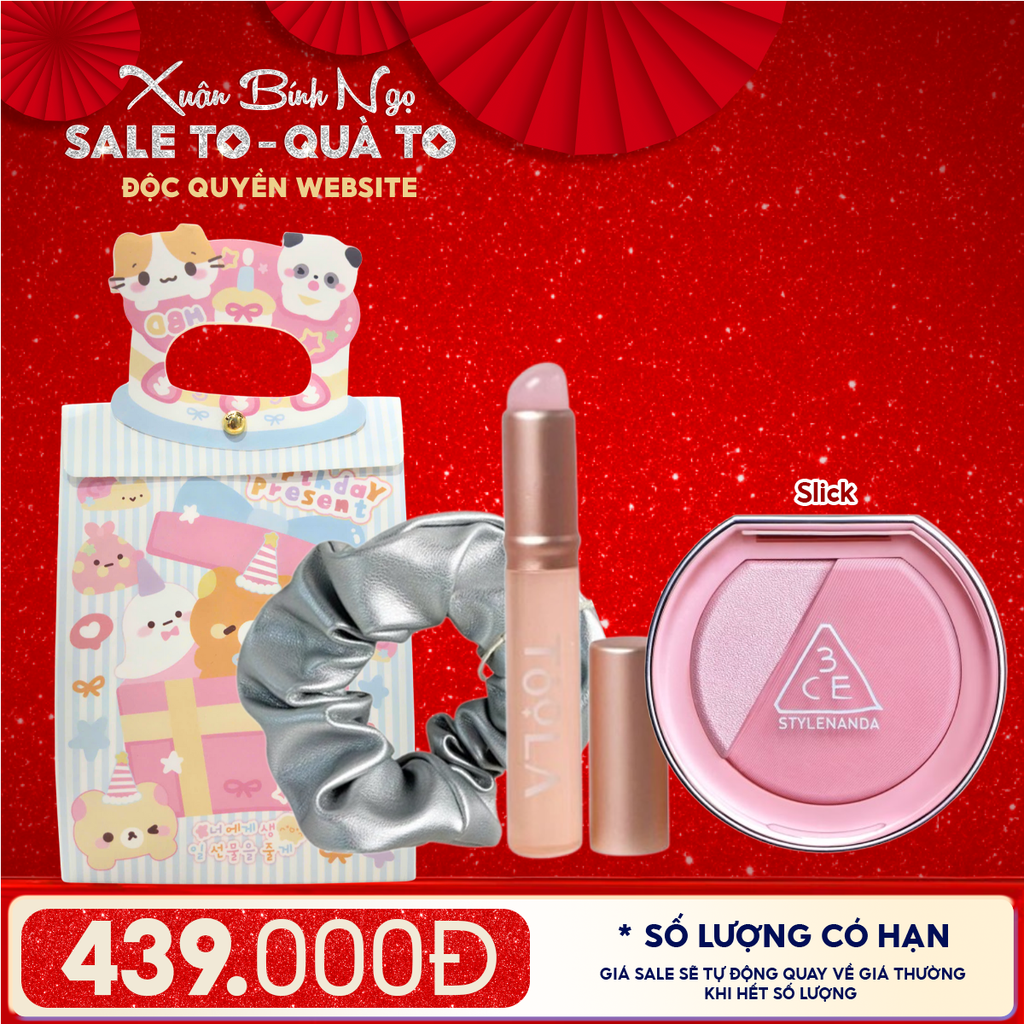 Túi Quà Tặng: Má Hồng 3CE + Kẹp Tóc Ngẫu Nhiên + Cọ Môi + Túi Quà Tặng