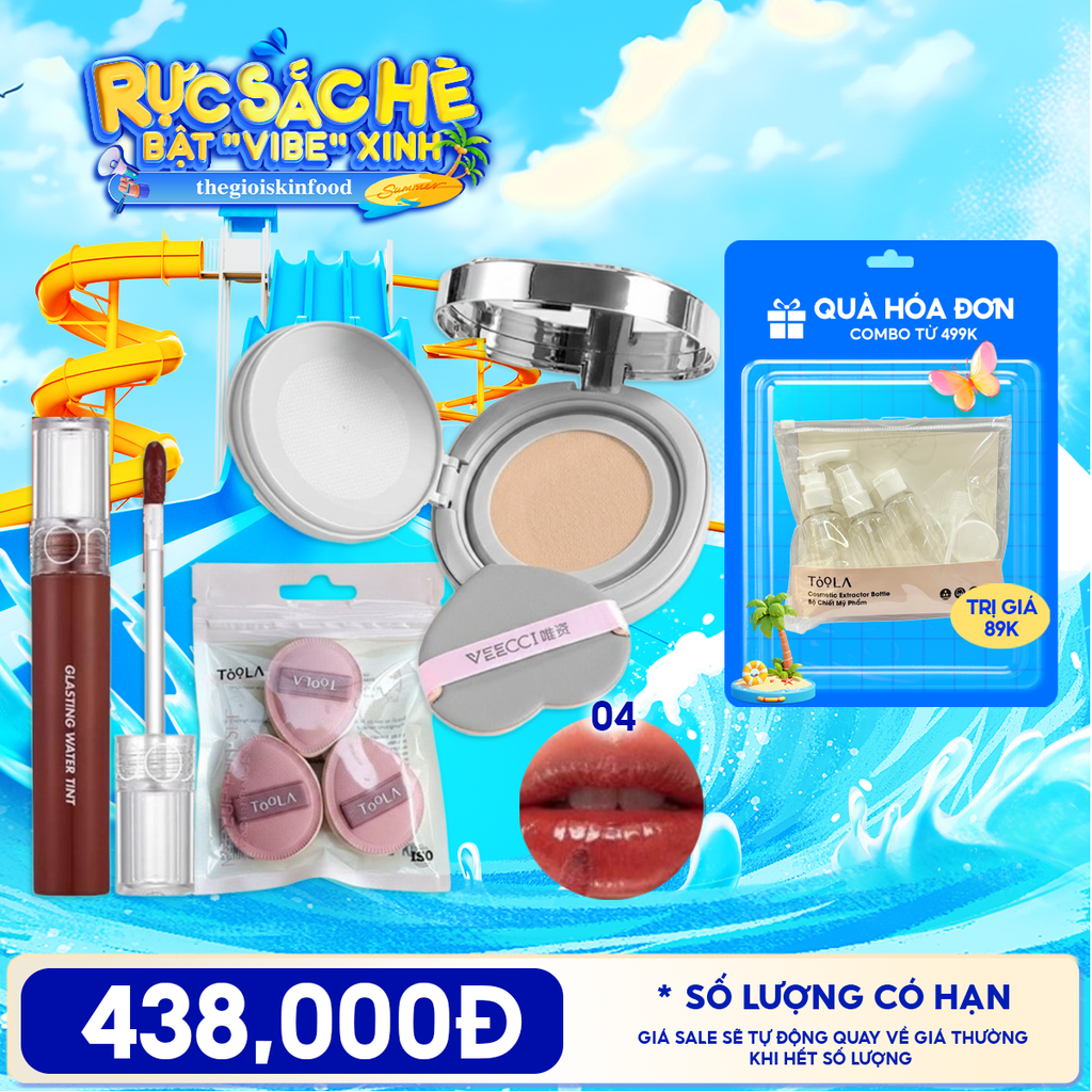 Combo Phấn Nước VEECCI Essence Lock Makeup Mesh Cushion Cream + Son Tint Nước Romand Glasting Water Tint + Bông Mút Trang Điểm Tán Nền Mềm Mịn TOOLA Makeup Puff