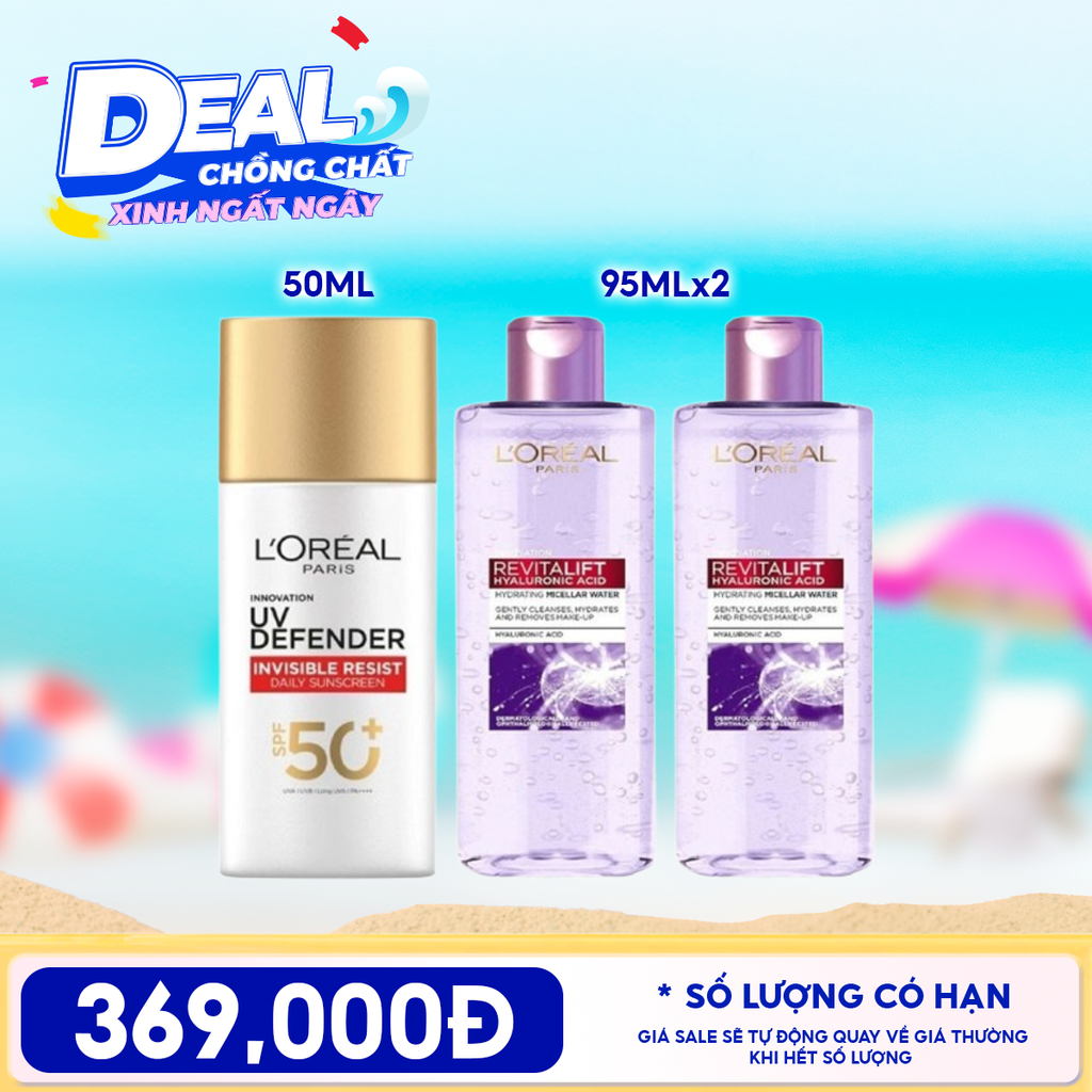 Combo Travel: Kem Chống Nắng L'Oreal UV Defender SPF 50ml + Nước Tẩy Trang L'oreal Revitalift Hyaluronic Acid Hydrating Micellar Water