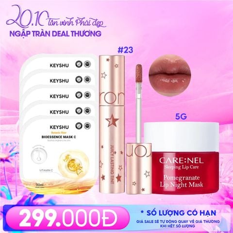 Combo 20/10 - Da Sáng Rạng Rỡ: (Son Tint Lì Romand #23 Nucadamia + Mặt Nạ Ngủ Môi Carenel Lip Night Mask #Pomegranate 5g + Mặt Nạ Vitamin C Keyshu Bioessence Mask C 30ml (5 miếng))