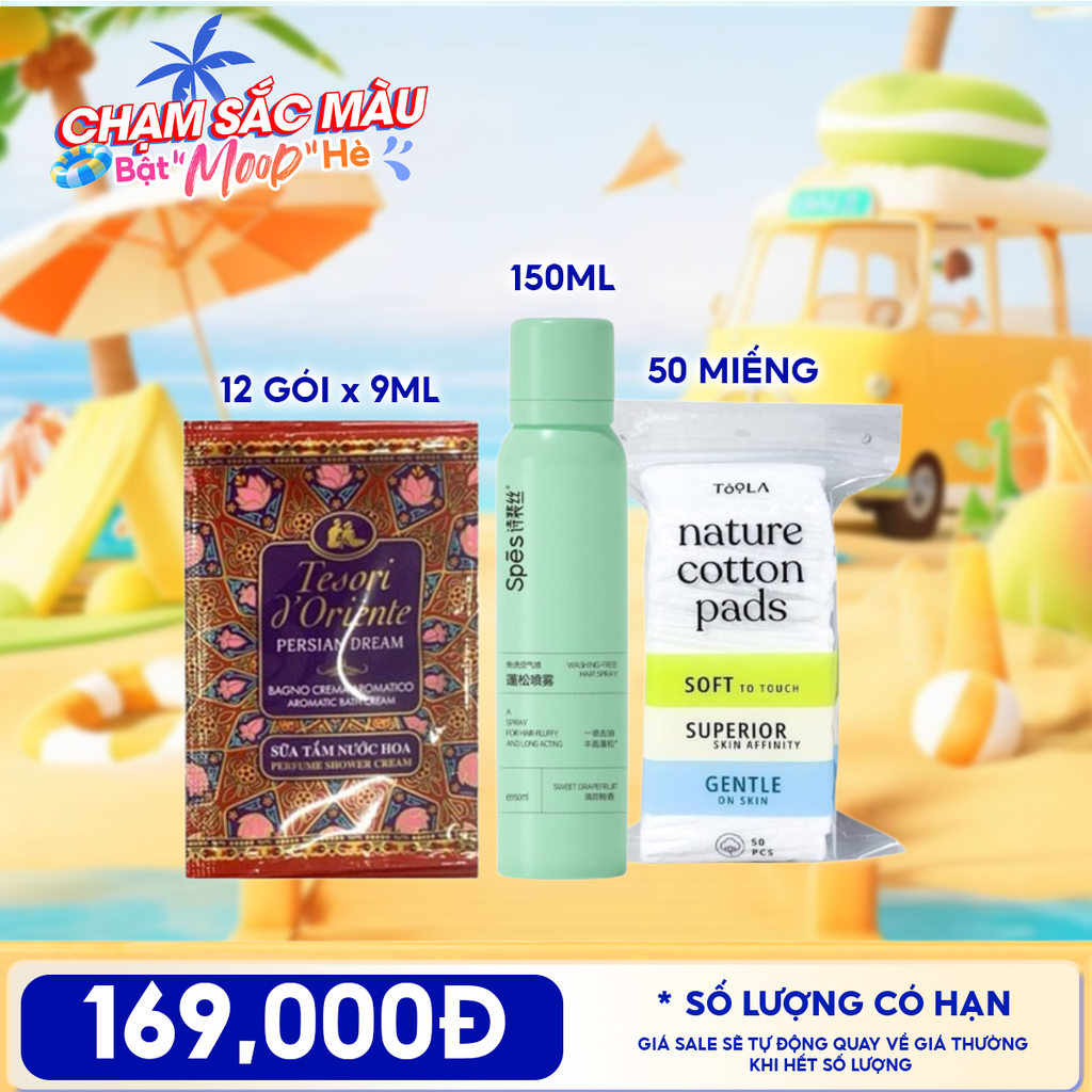Combo Travel: Dây 12 Gói Sữa Tắm Tesori d'Oriente Aromatic Bath Cream + Dầu Gội Khô SPES Washing-free Hair Spray 150ml + Bông Tẩy Trang Mềm Mịn TOOLA