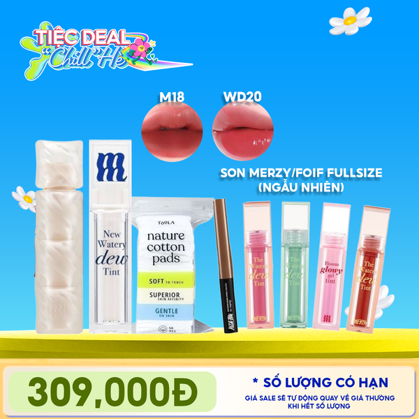  Combo Merzy: Son Phao Kem Lì Merzy Puffer Mellow Tint +  Son Tint Bóng Merzy Merzy New Watery Dew Tint + Bông Tẩy Trang TOOLA Dạng Vuông + Son Merzy/FOIF Fullsize ngẫu nhiên 