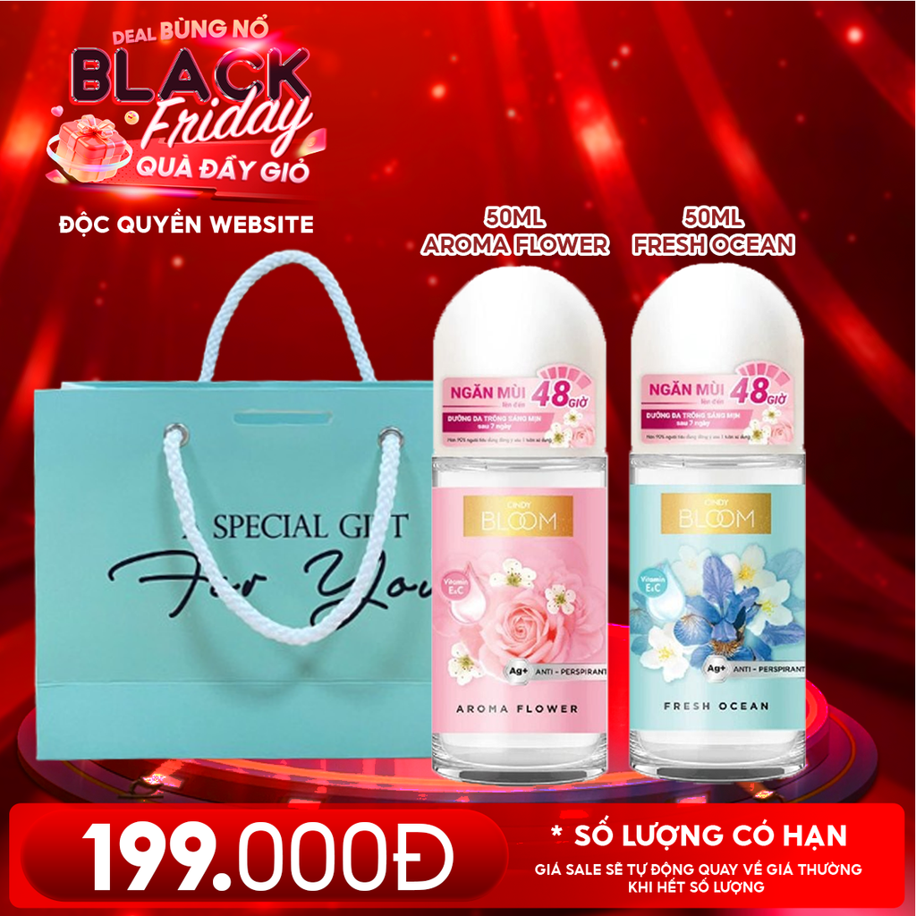 Combo Quà Tặng 20/11: 2 Chai Lăn Khử Mùi Hương Nước Hoa Cindy Bloom Deodorant roll-on 50ml + Túi Quà