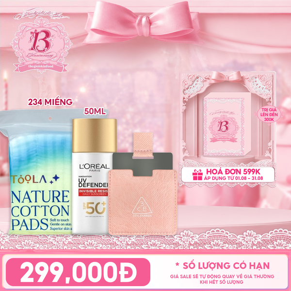  Combo Travel: Kem Chống Nắng L'Oreal UV Defender SPF 50ml + Bông Tẩy Trang Mềm Mịn TOOLA + Gương Vuông Nhỏ 3CE Pink SEA 