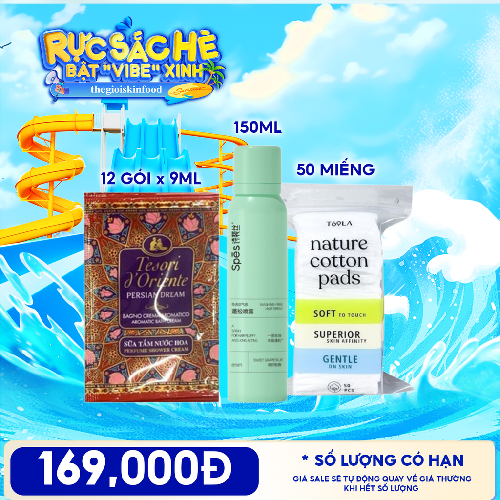 Combo Travel: Dây 12 Gói Sữa Tắm Tesori d'Oriente Aromatic Bath Cream + Dầu Gội Khô SPES Washing-free Hair Spray 150ml + Bông Tẩy Trang Mềm Mịn TOOLA
