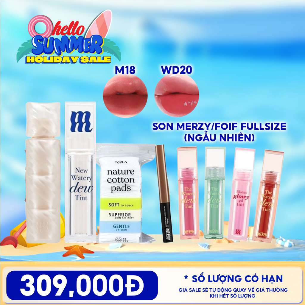 Combo Merzy: Son Phao Kem Lì Merzy Puffer Mellow Tint +  Son Tint Bóng Merzy Merzy New Watery Dew Tint + Bông Tẩy Trang TOOLA Dạng Vuông + Son Merzy/FOIF Fullsize ngẫu nhiên