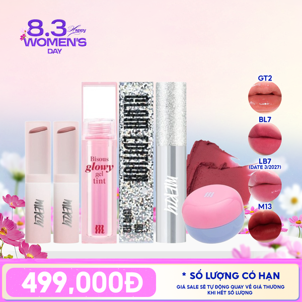  [PACK TIẾT KIỆM 15%] 2 Son Dưỡng Ẩm Có Màu Merzy LB7 Off Grape (date 03/2027) + Son Bóng Pha Lê Merzy + Son Kem Bùn Kiêm Má Hồng Merzy + Son Kem Lì Merzy The Glam M13 Vapor Red 