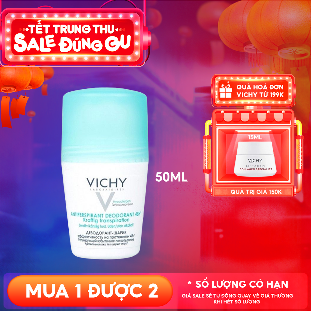 Lăn Khử Mùi Vichy Hỗ Trợ Giảm Mồ Hôi Dưới Cánh Tay, Giữ Khô Thoáng Suốt 48h Cho Da Nhạy Cảm Traitement Anti – Transpirant 48h 50ml (Che tên sản phẩm khi giao hàng)