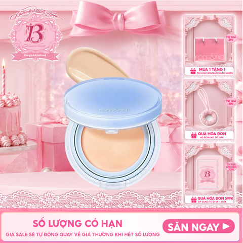 [VE-EASY] Phấn Nước Trang Điểm Romand Che Phủ Tự Nhiên, Căng Bóng Thuần Chay Bare Water Cushion SPF38/PA++++ 20g