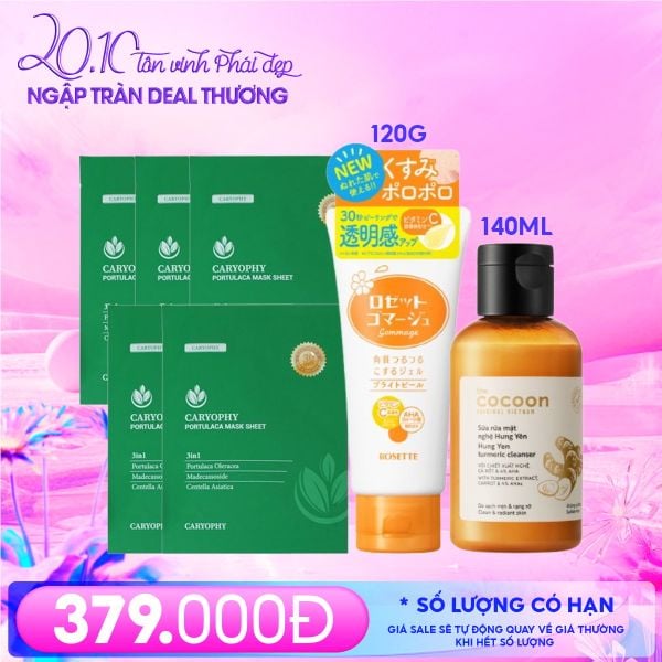  Combo 20/10 - Chăm Da Sáng Mịn: Mặt Nạ Miếng Làm Dịu, Phục Hồi Caryophy Portulaca Mask Sheet (5 miếng) +Tẩy Tế Bào Chết Rosette Gommage Bright Peel 120g + Sữa Rửa Mặt Cocoon Nghệ Hưng Yên 140ml) 