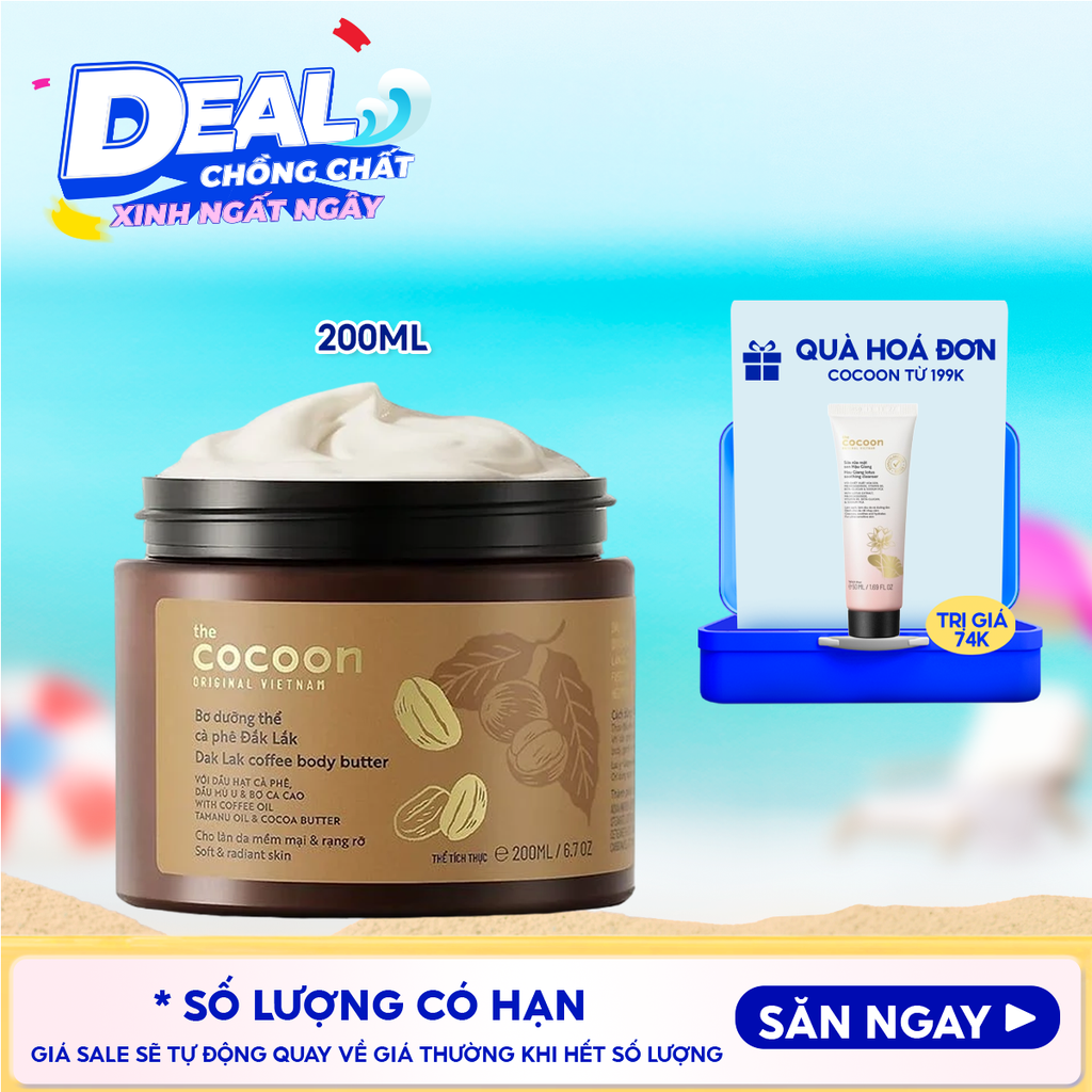 Bơ Dưỡng Thể Cocoon Chiết Xuất Cà Phê Cấp Ẩm Dưỡng Mịn Da Dak Lak Coffee Body Butter 200ml
