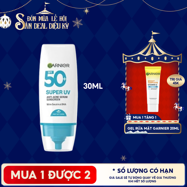  Kem Chống Nắng Phổ Rộng Garnier Kiềm Dầu, Hỗ Trợ Giảm Mụn Super Uv Anti-Acne Serum Sunscreen SPF50+ PA++++ 30ml 