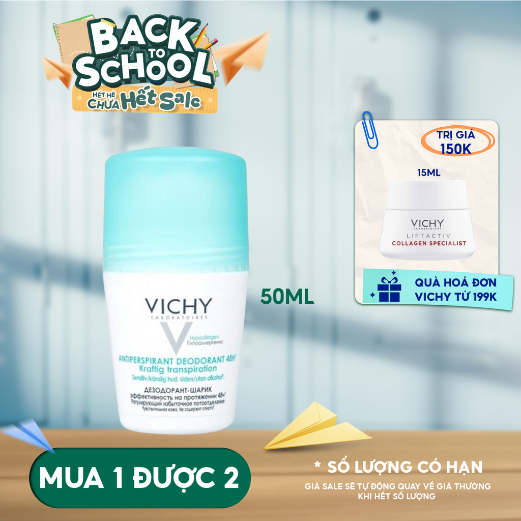 Lăn Khử Mùi Vichy Hỗ Trợ Giảm Mồ Hôi Dưới Cánh Tay, Giữ Khô Thoáng Suốt 48h Cho Da Nhạy Cảm Traitement Anti – Transpirant 48h 50ml (Che tên sản phẩm khi giao hàng)
